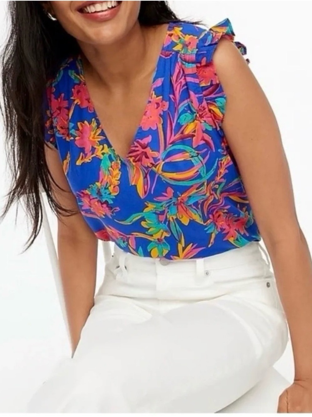 J. Crew Bright Blue Tropical Floral Ruffle Sleeve Camisole